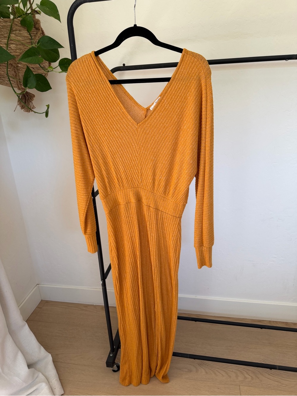 Mustard Ribbed V-Neck Long Sleeve Women's Dress